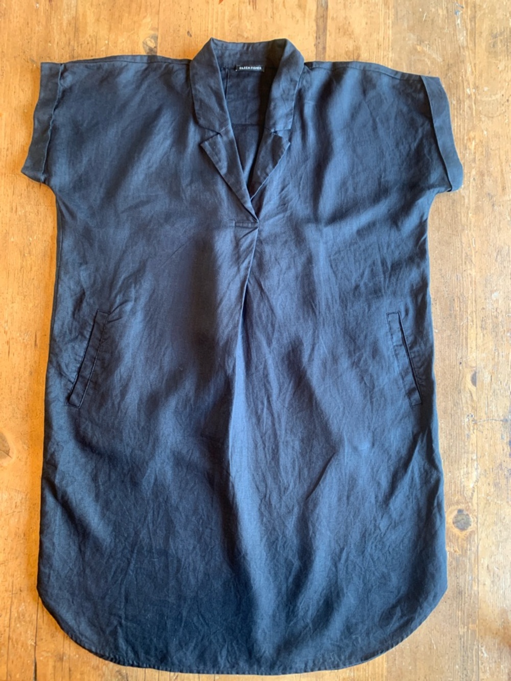 Eileen Fisher Black Short-Sleeve Linen  Button Down Dress - Picture 3 of 16